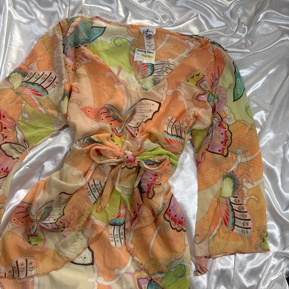 y2k Beware Butterfly Blouse Orange Excellent Sheer Tie Front Bell Sleeve Top 2XL - Picture 2 of 6